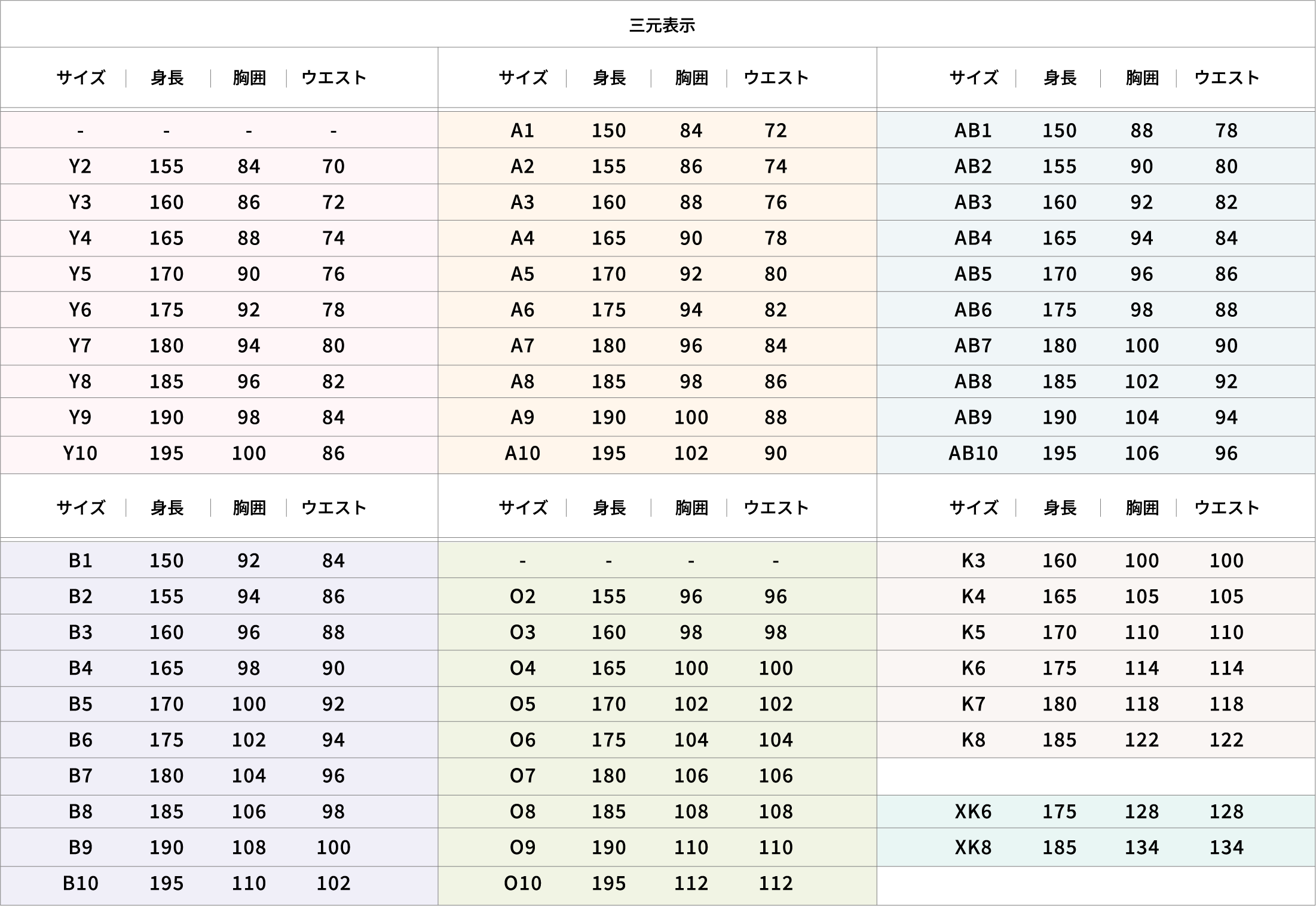 お取り扱いサイズ表